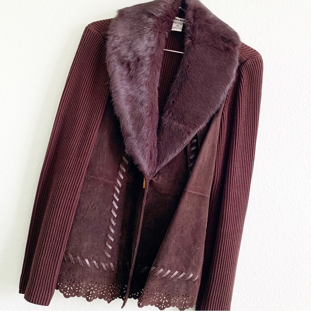 PETER NYGARD vintage brown suede leather knit faux fur collar coat jacket vtg